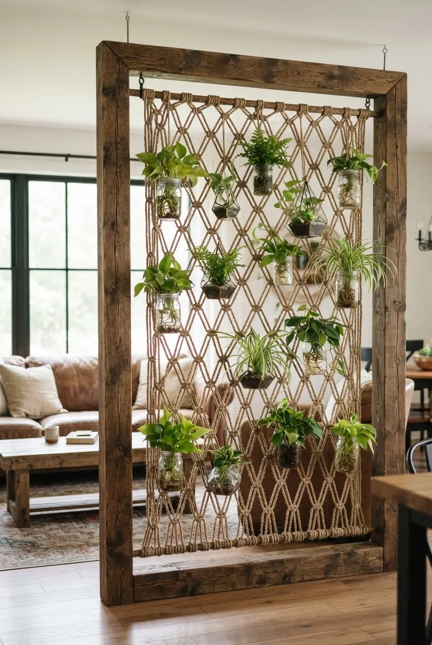 Hand-woven macrame hangers used as a room divider with hanging plants.