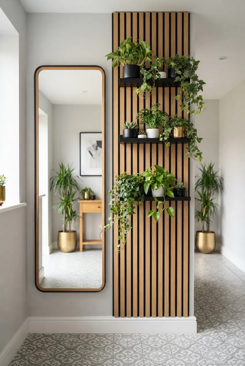 A stylish entryway featuring vertical wood slats with integrated planters holding small succulents.