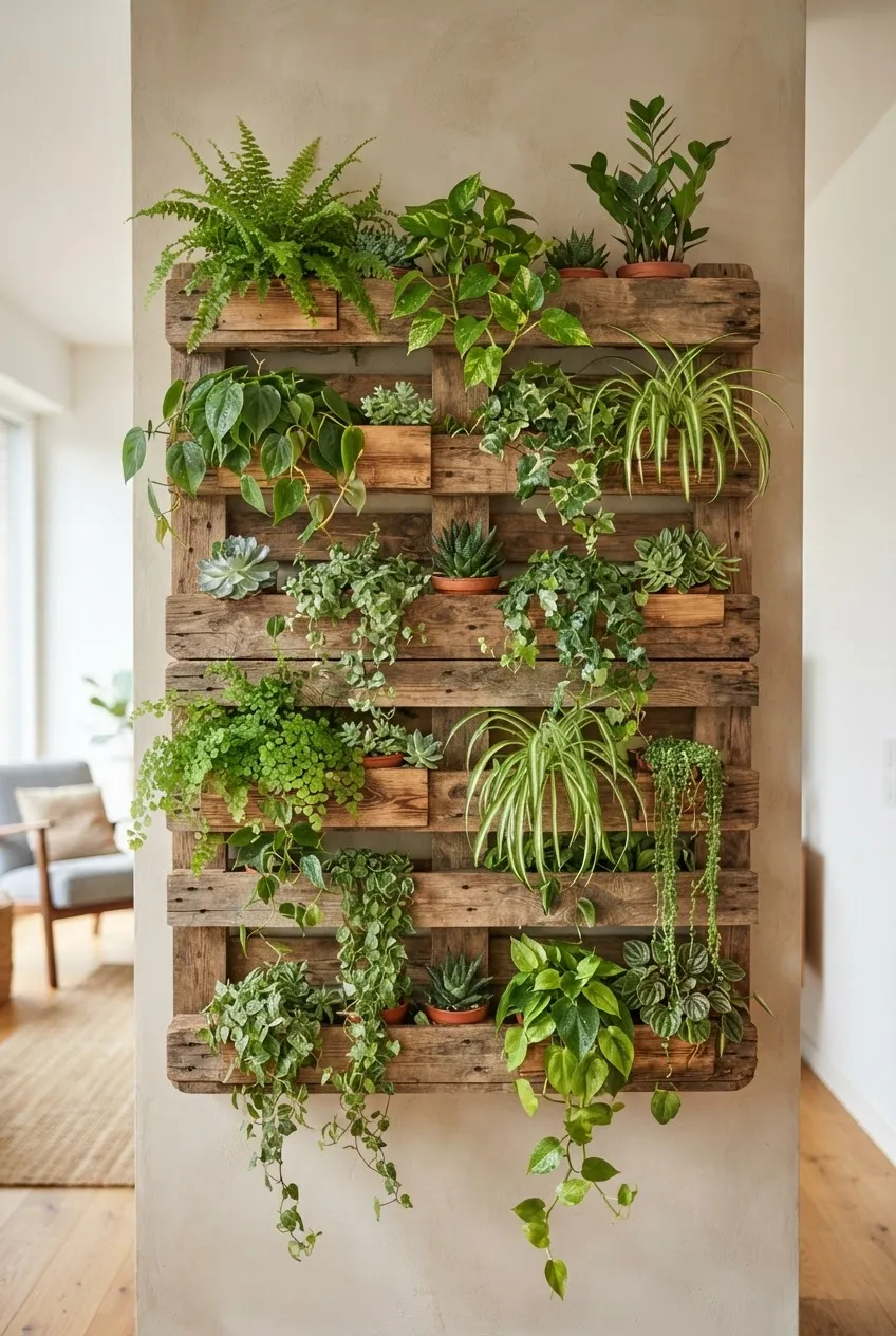A rustic upcycled wooden pallet mounted on a wall filled with various potted herbs and flowers.