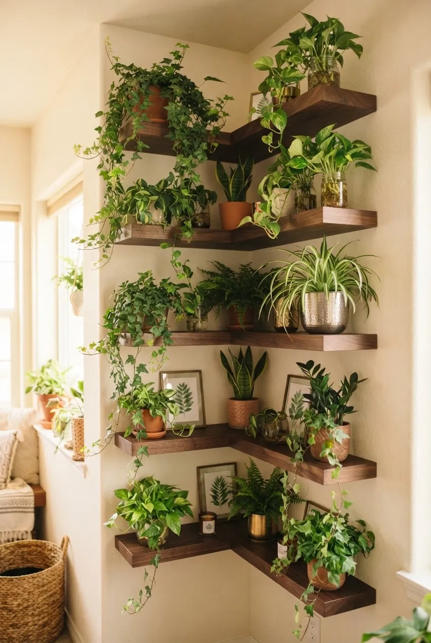 A tall multi-tiered corner shelf stacked with a variety of indoor plants like spider plants and calatheas.