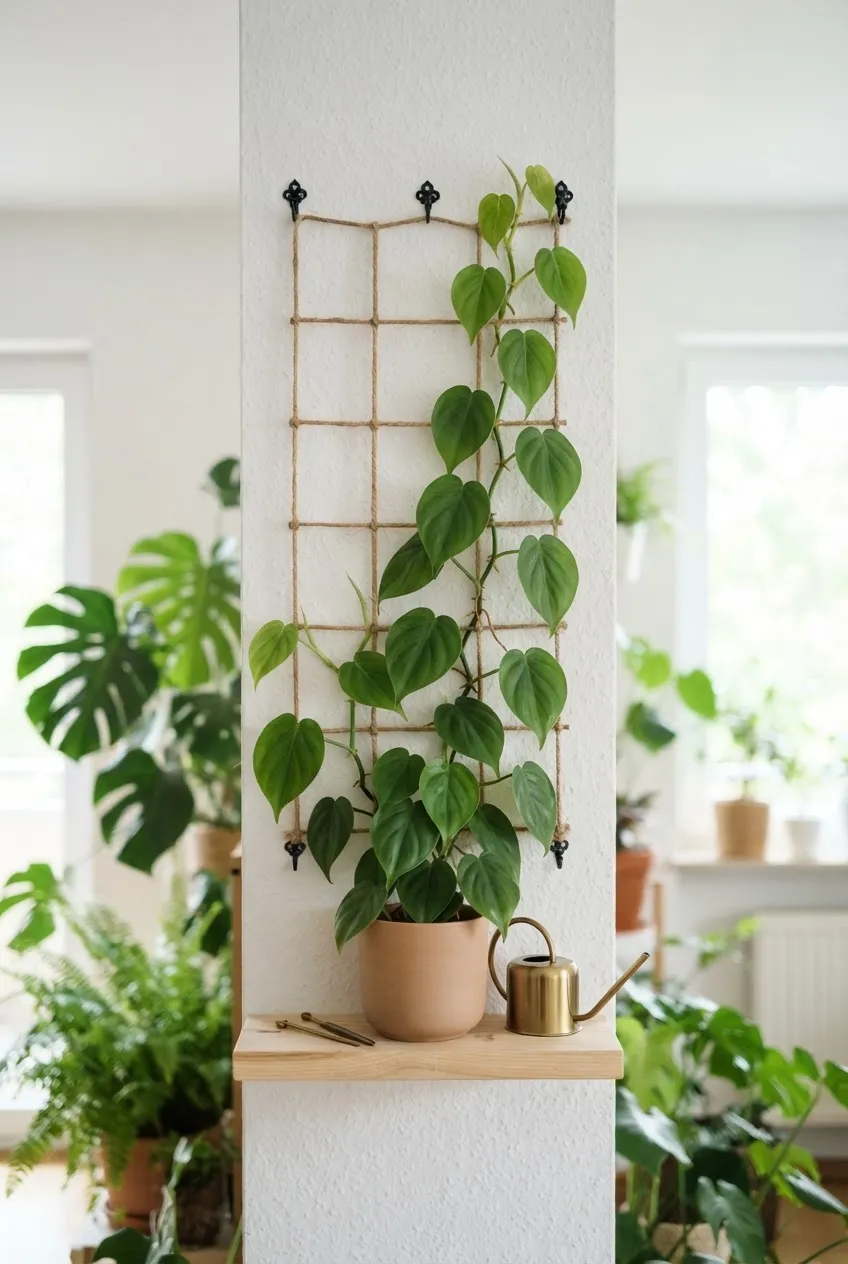 A simple yet elegant wall trellis made of twine with climbing jasmine vines growing upward.