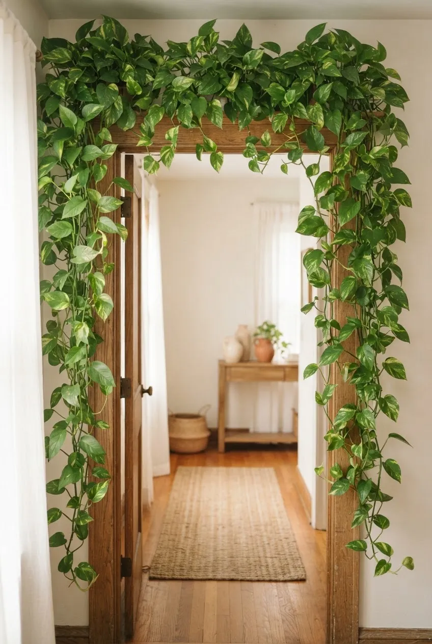 Lush pothos vines draped gracefully over a wooden doorway frame in a bright room.