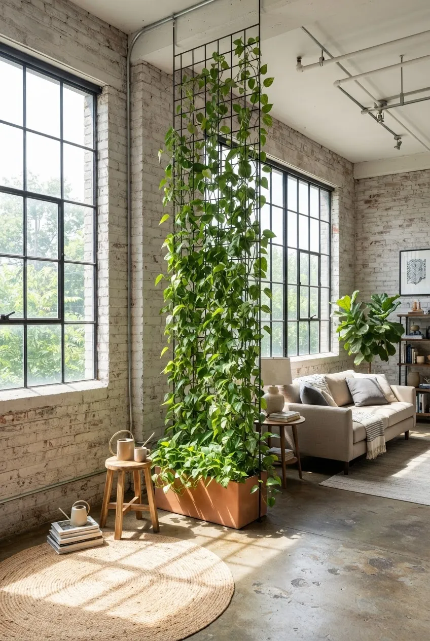 Tall indoor trees and hanging plants in a large industrial loft with exposed brick walls.