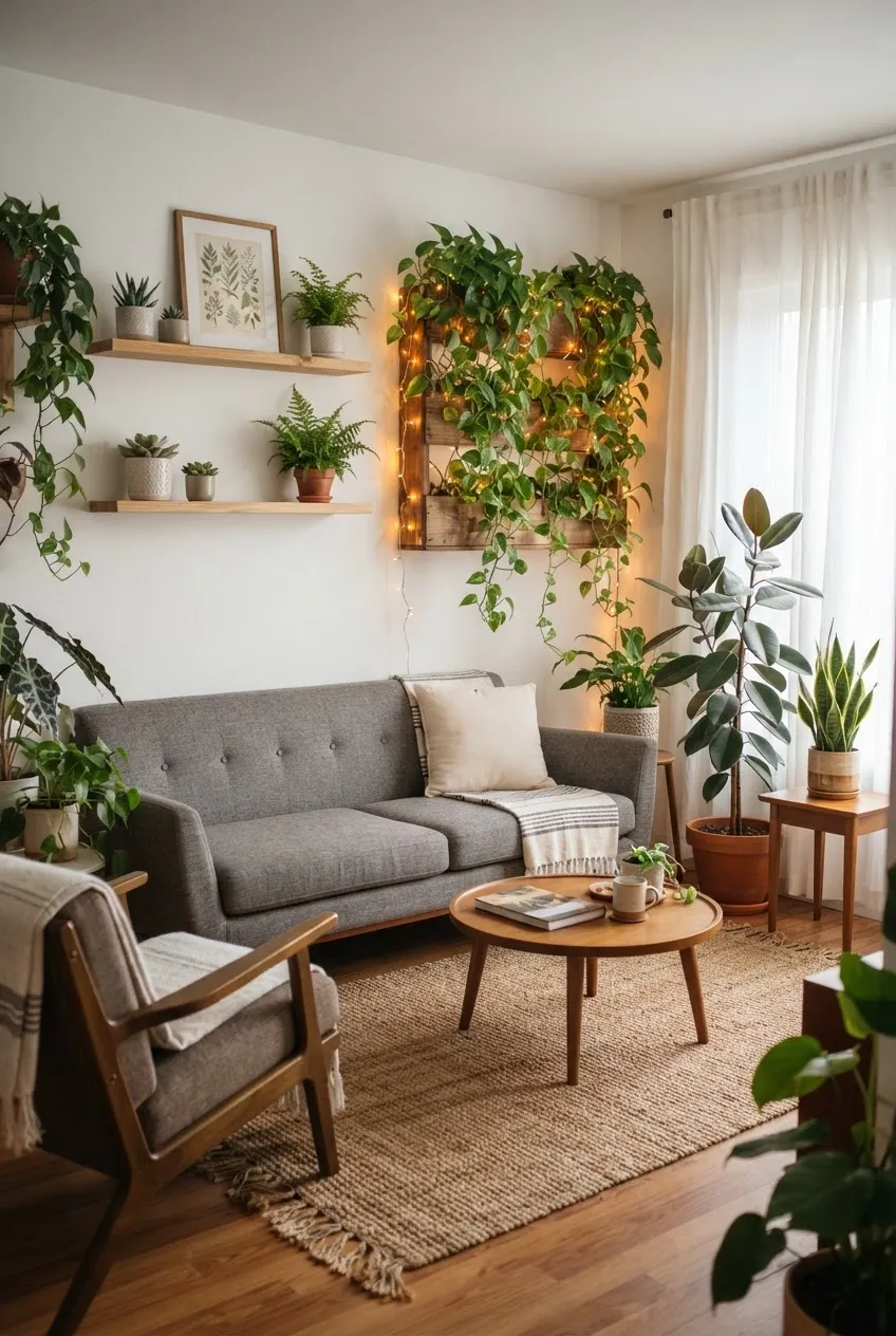 A cozy living room wall covered in a variety of soft-textured plants and warm ambient lighting.