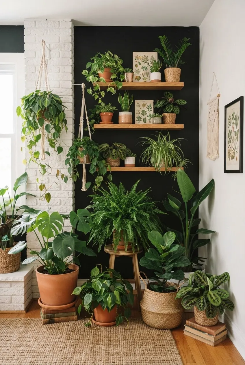 Vibrant green ferns and tropical plants set against a matte black accent wall for a dramatic look.