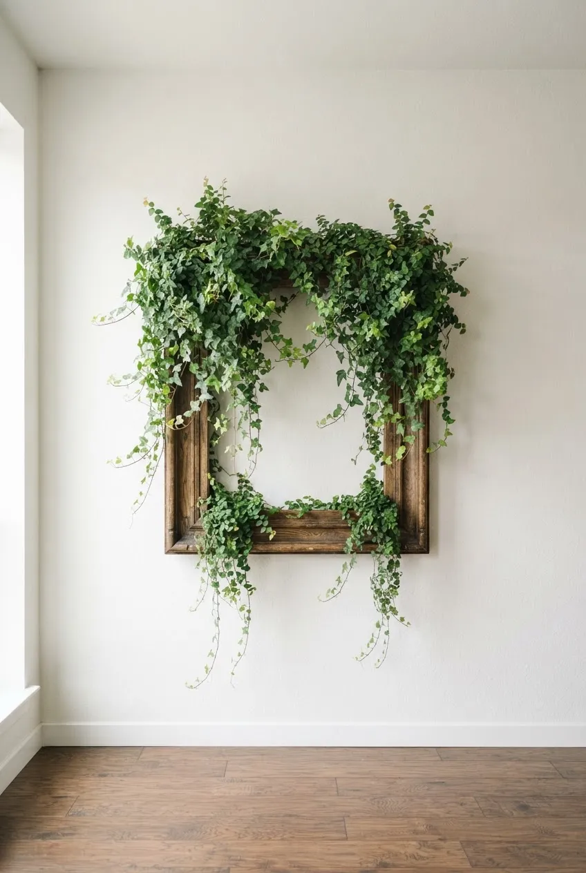 Square frames containing preserved moss and small plants arranged like gallery art on an office wall.