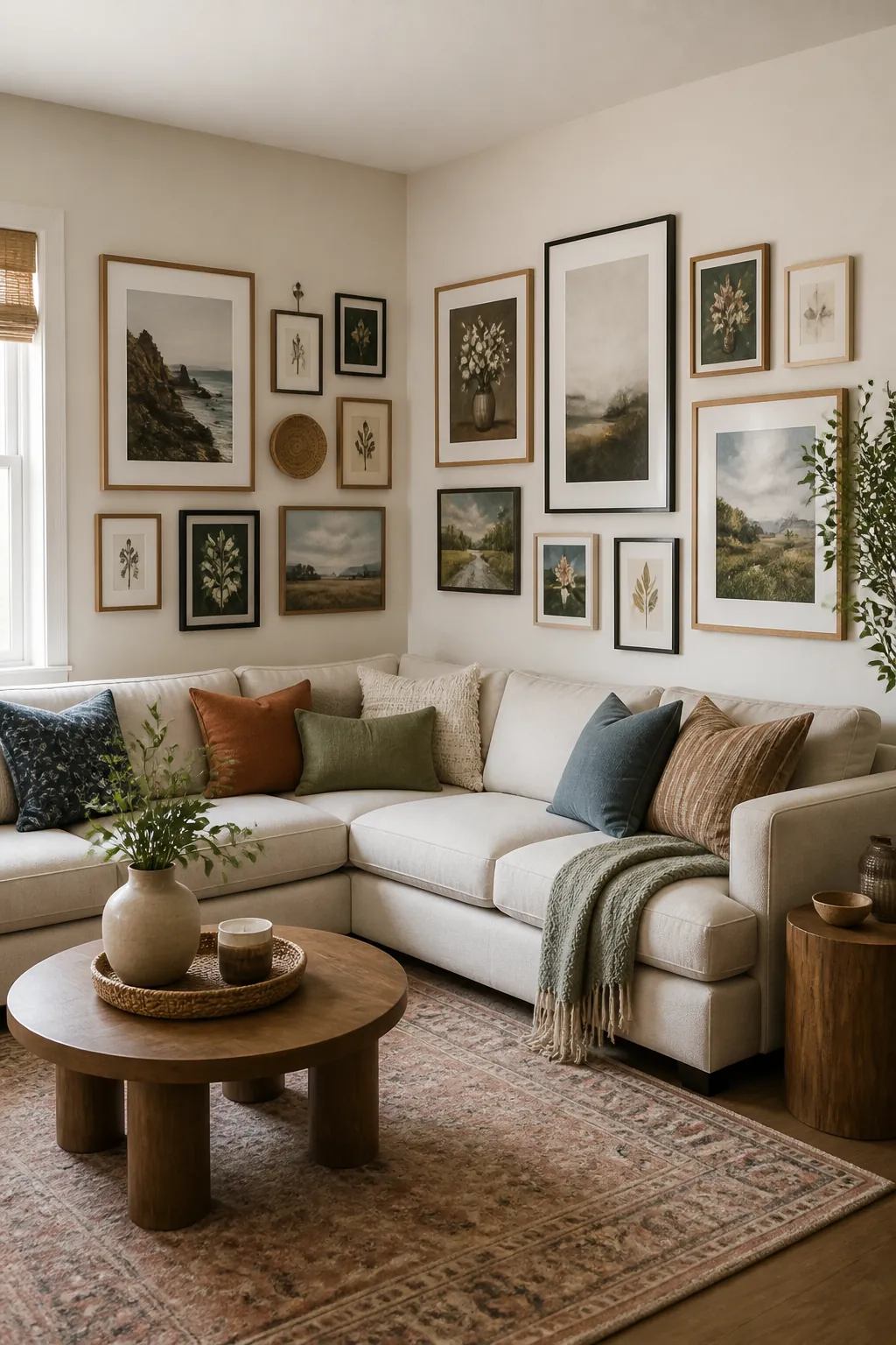 Gallery wall wrapping around a corner above an L-shaped sectional sofa