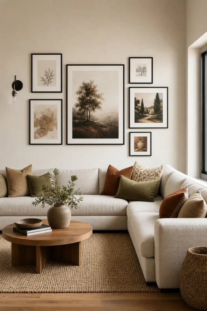 L-shaped sectional sofa with balanced above couch wall decor and framed art
