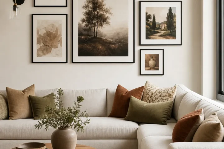 L-shaped sectional sofa with balanced above couch wall decor and framed art