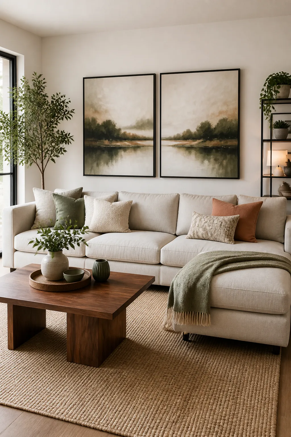 Two coordinated framed artworks hung above a chaise sectional sofa