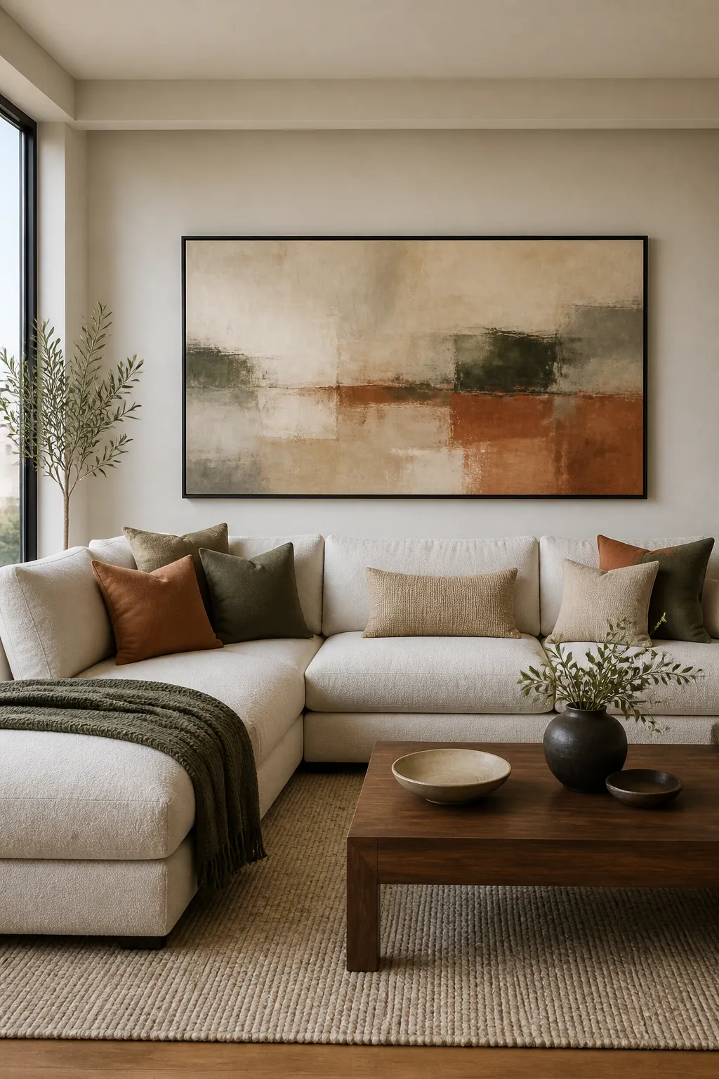 Oversized horizontal wall art correctly scaled above a sectional couch