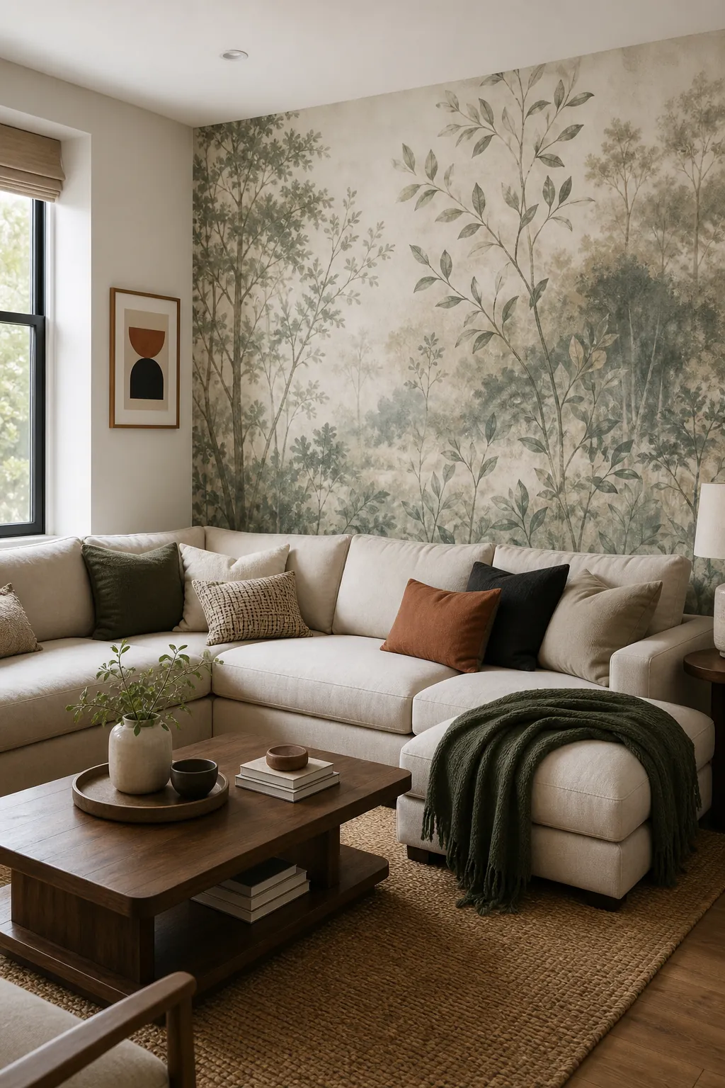Soft mural accent wall behind a sectional sofa as large couch wall decor