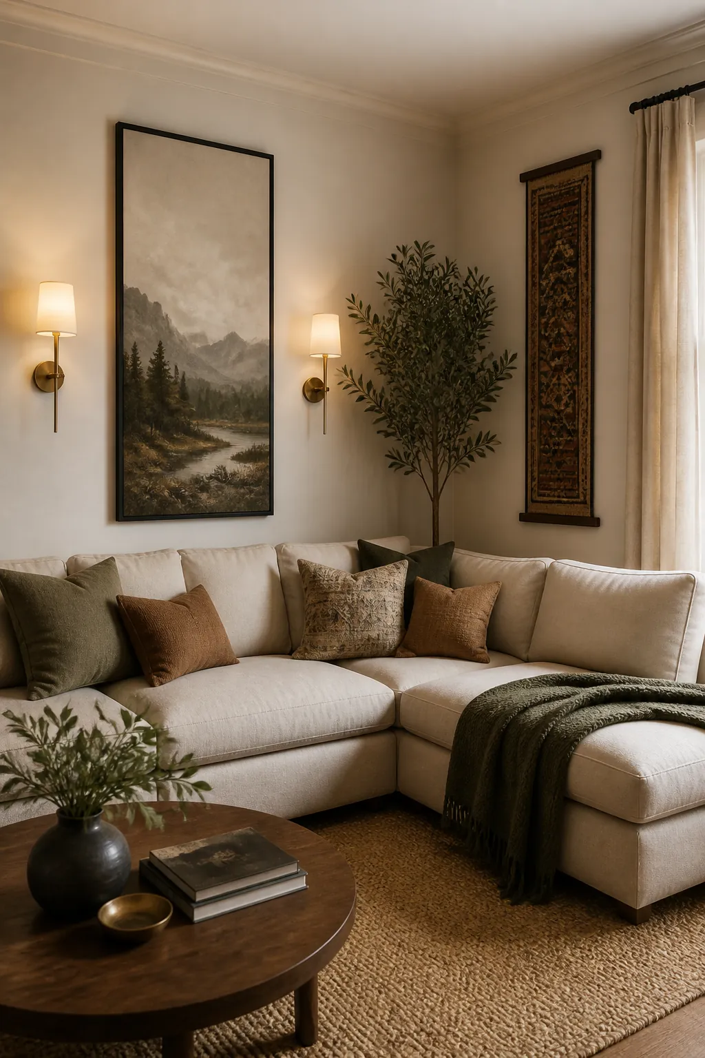 Corner sofa balanced with vertical wall decor, sconces, and a tall plant