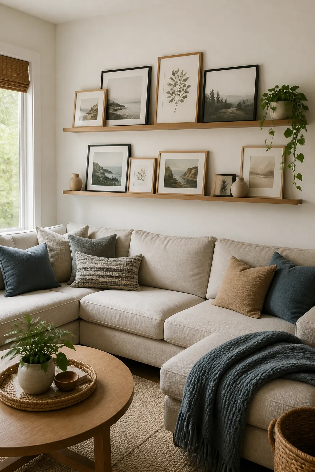 Layered picture ledges above a corner sectional sofa