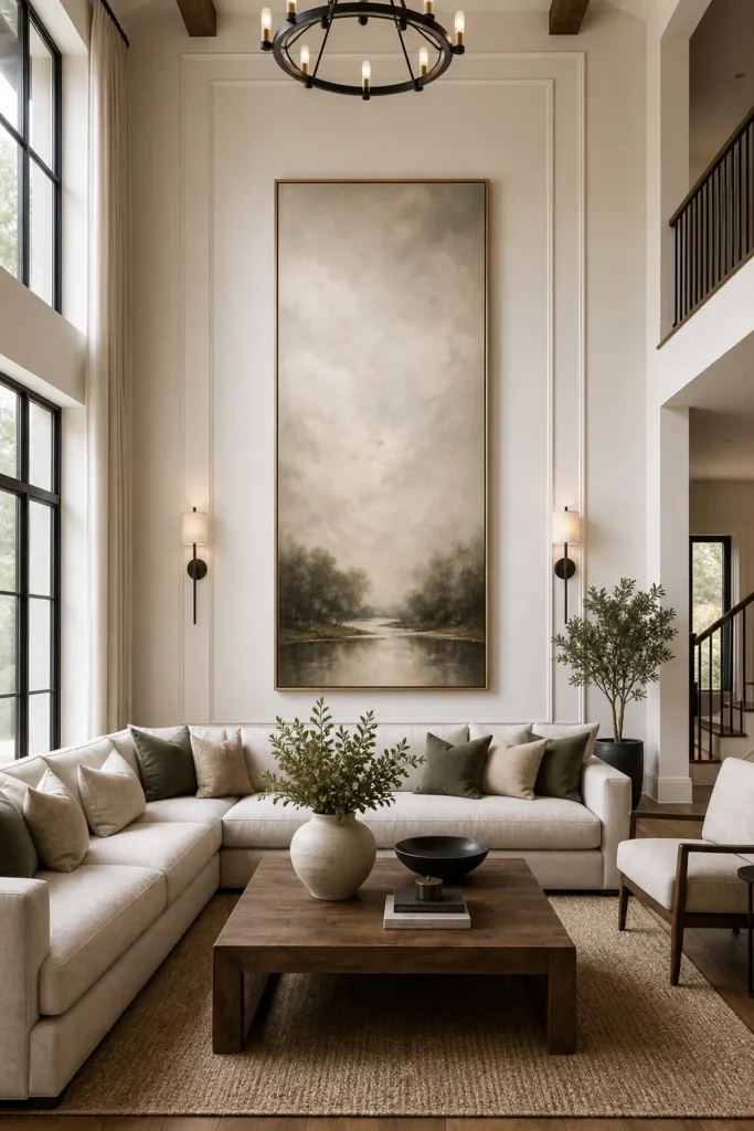 High ceiling living room with scaled vertical wall decor on a large blank wall