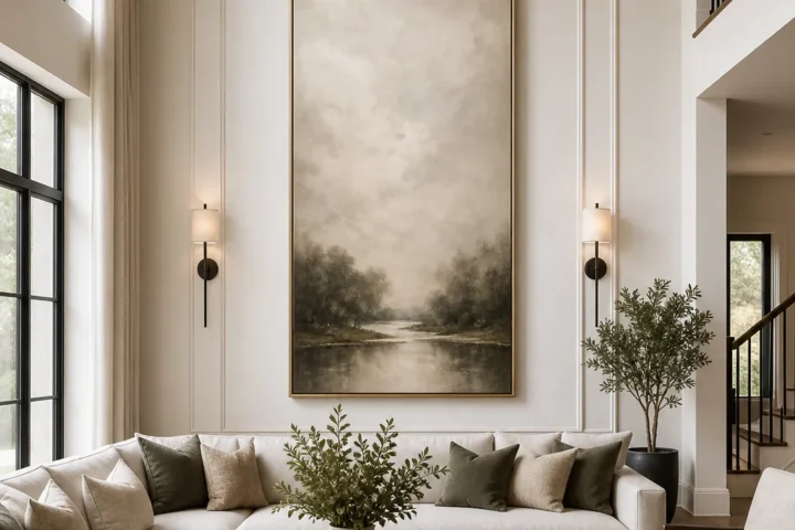High ceiling living room with scaled vertical wall decor on a large blank wall