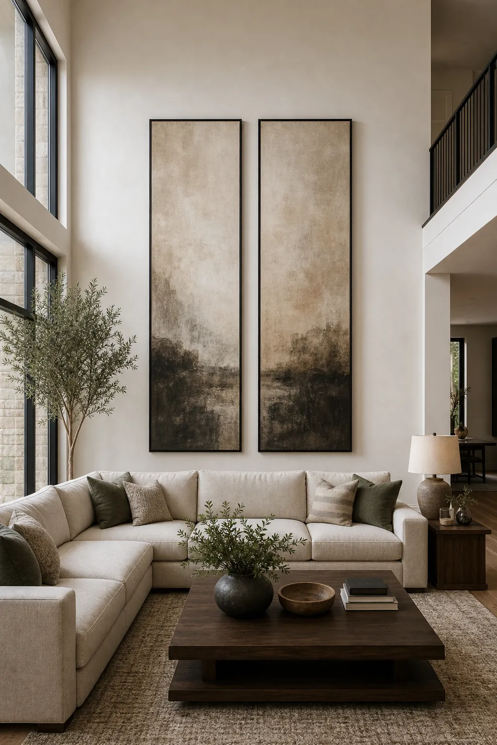 Two oversized vertical artworks on a large blank wall in a high ceiling living room