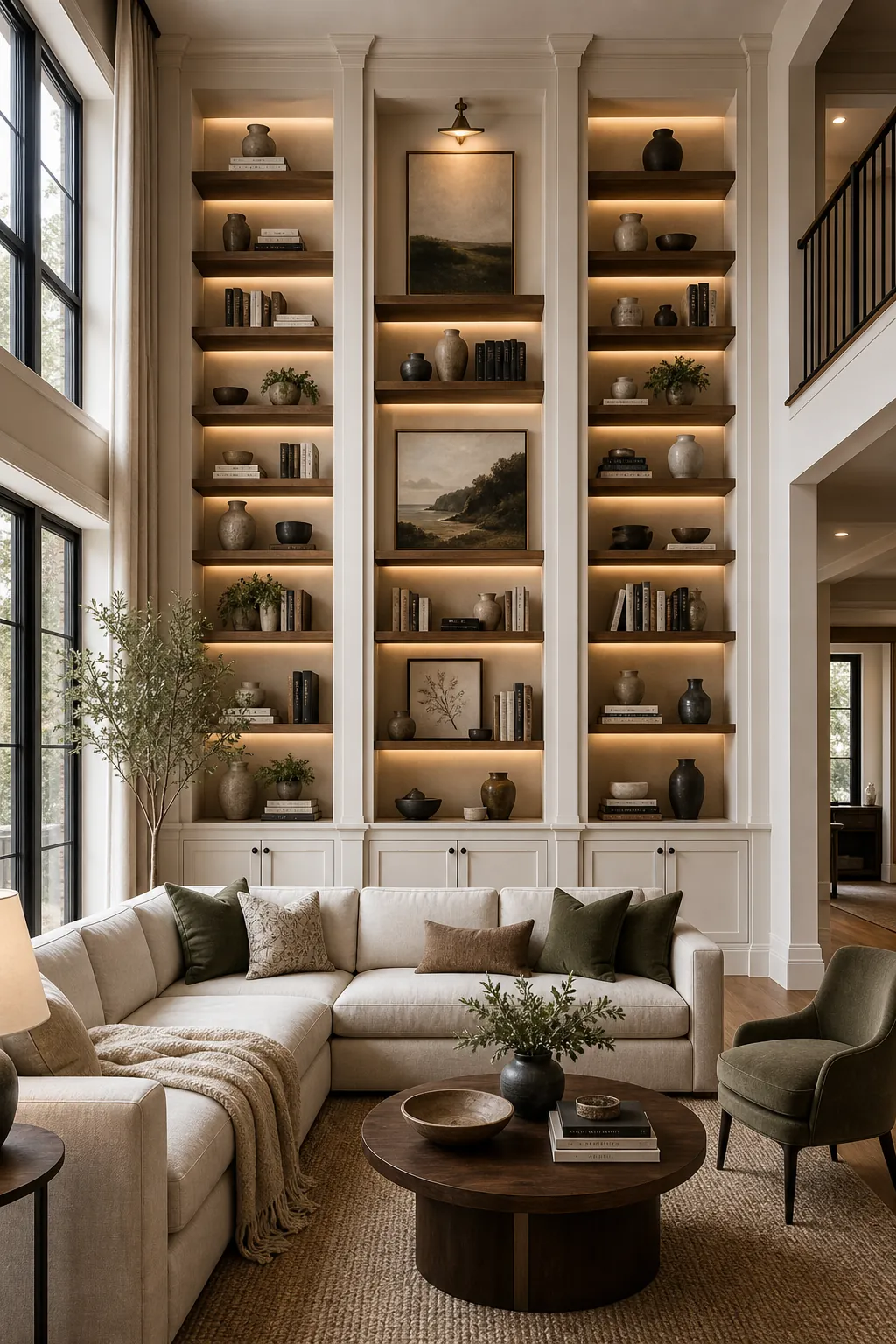 Tall built-in shelves filling a high ceiling living room wall