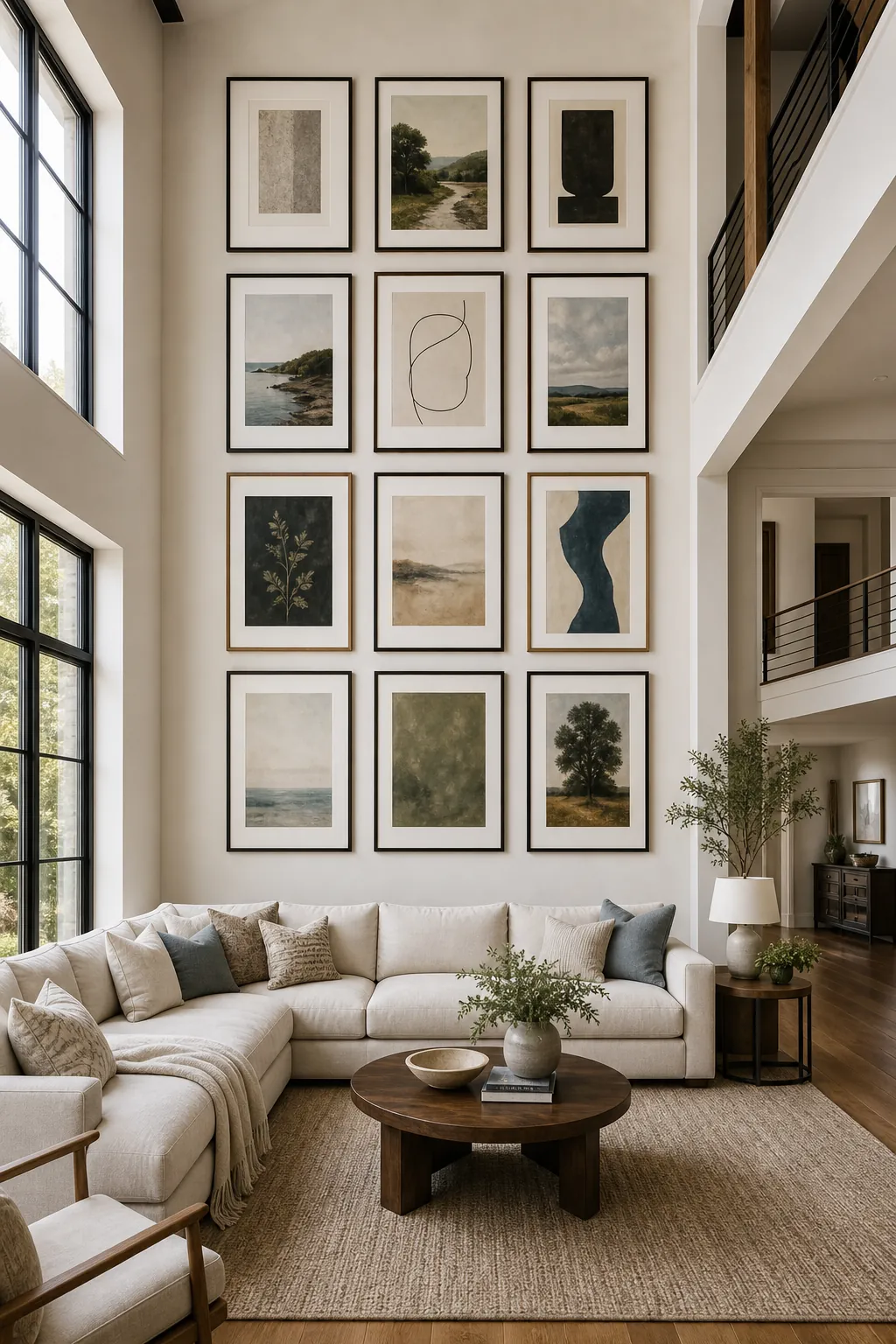 Floor-to-ceiling gallery wall grid in a double-height living room