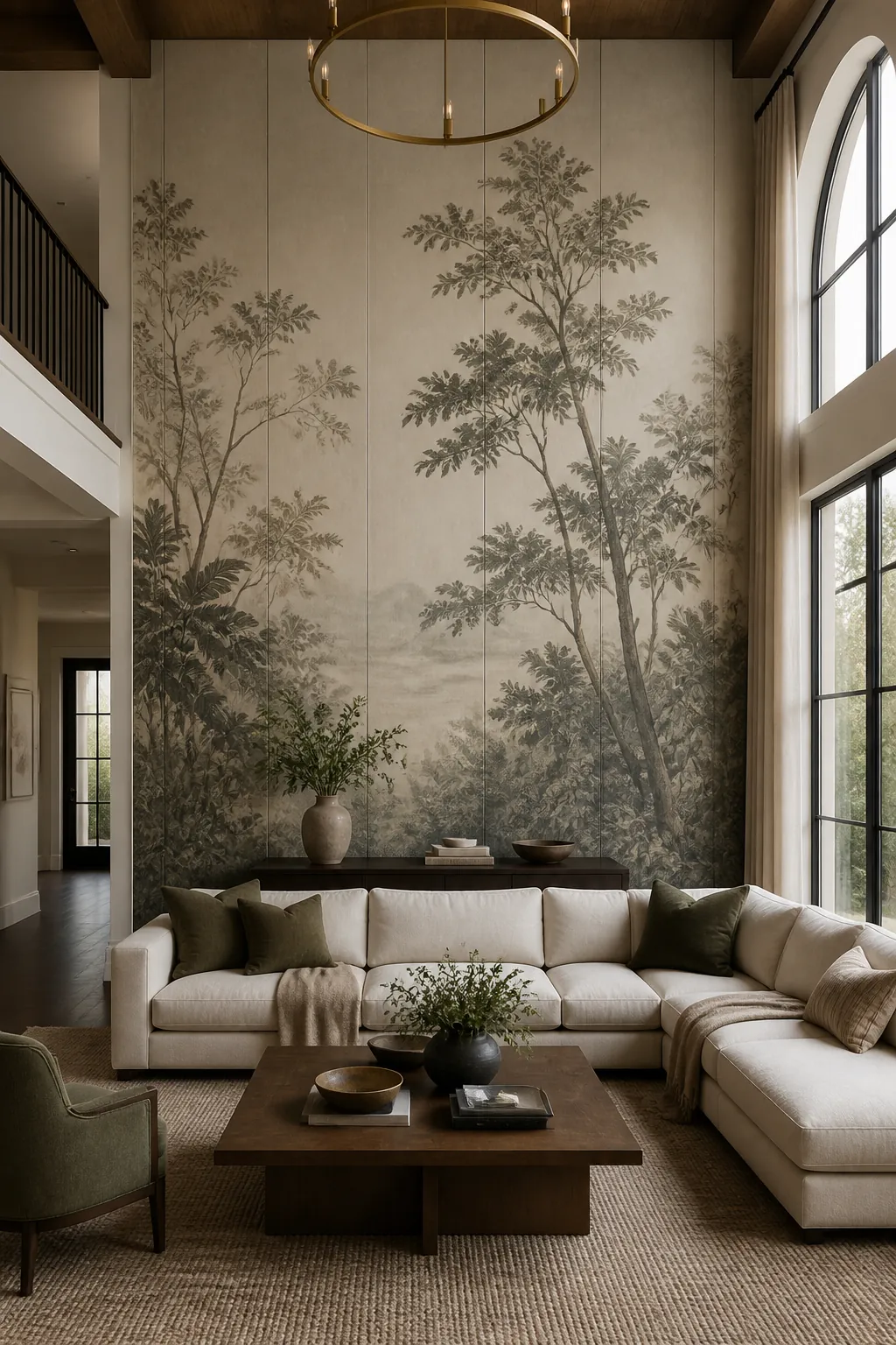 Large mural wallpaper panels filling a tall high ceiling living room wall