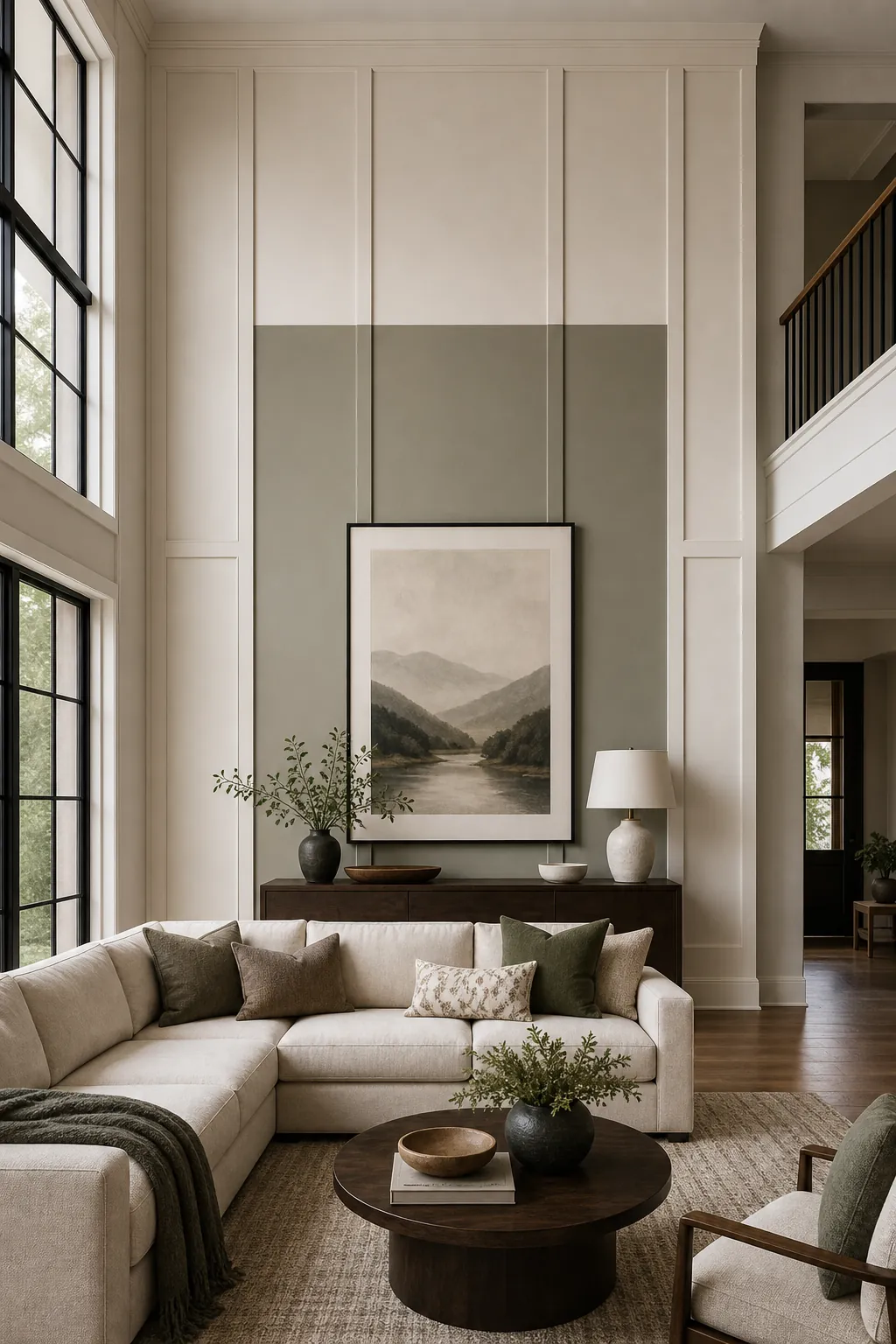 Tall wall paneling and accent color block breaking up a high ceiling blank wall