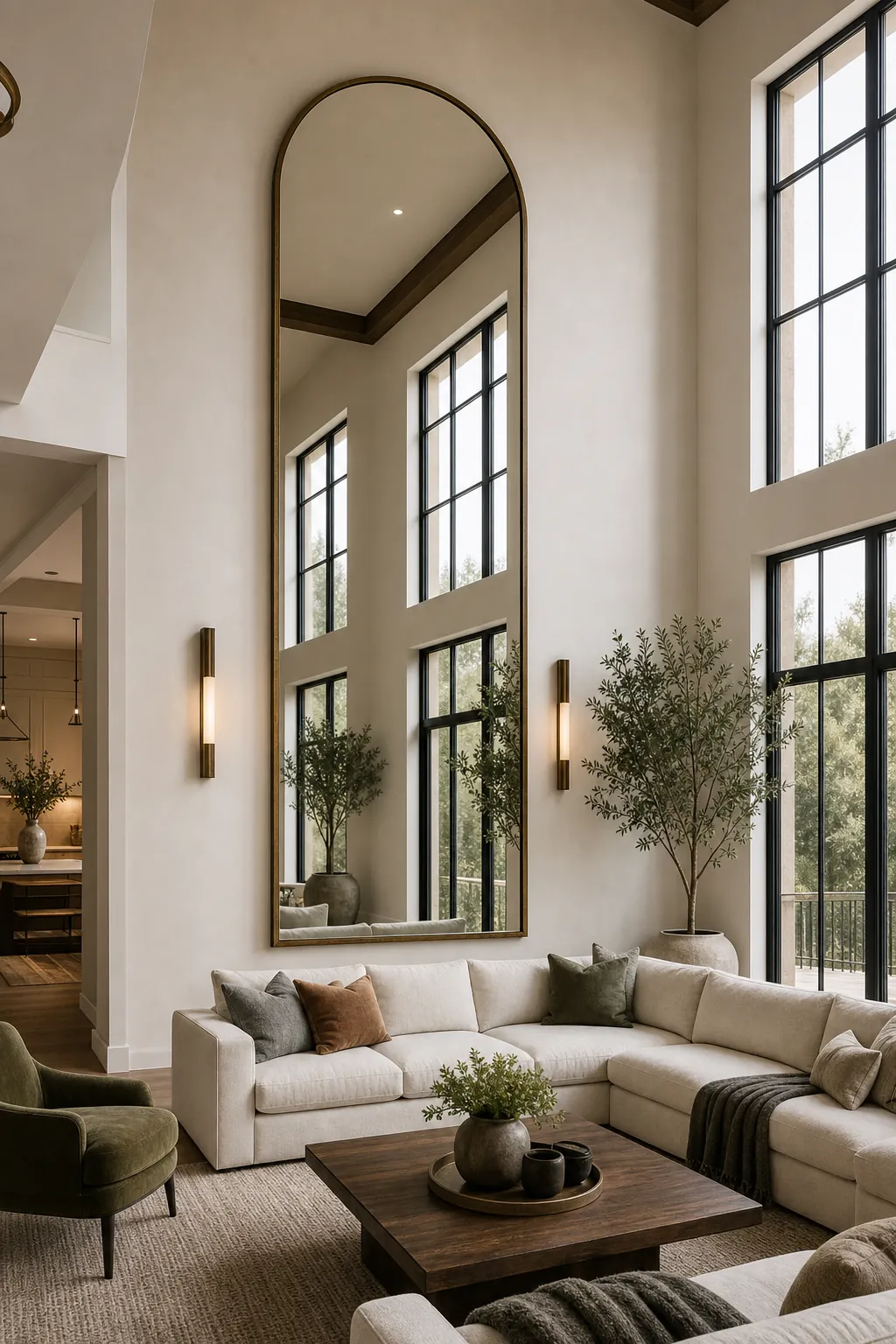 Very tall mirror used as large wall decor in a high ceiling living room