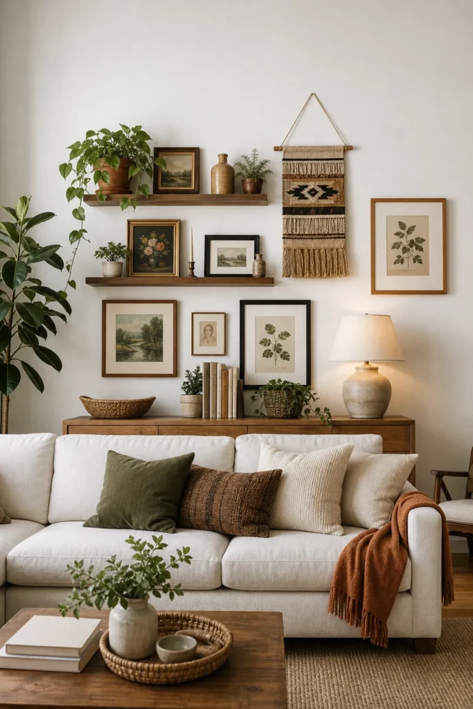 Big white living room wall filled with budget decor instead of oversized art