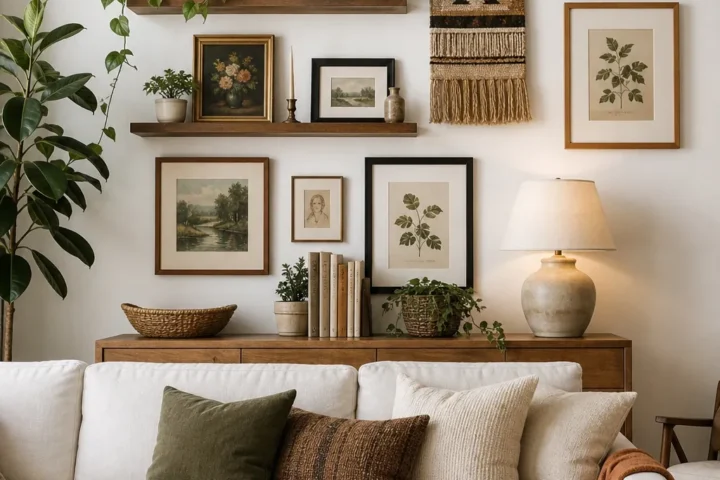 Big white living room wall filled with budget decor instead of oversized art