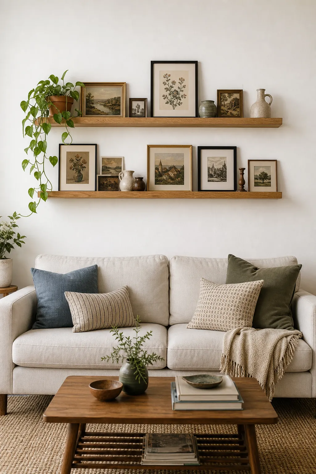 Budget picture ledges filling a big white wall above a sofa