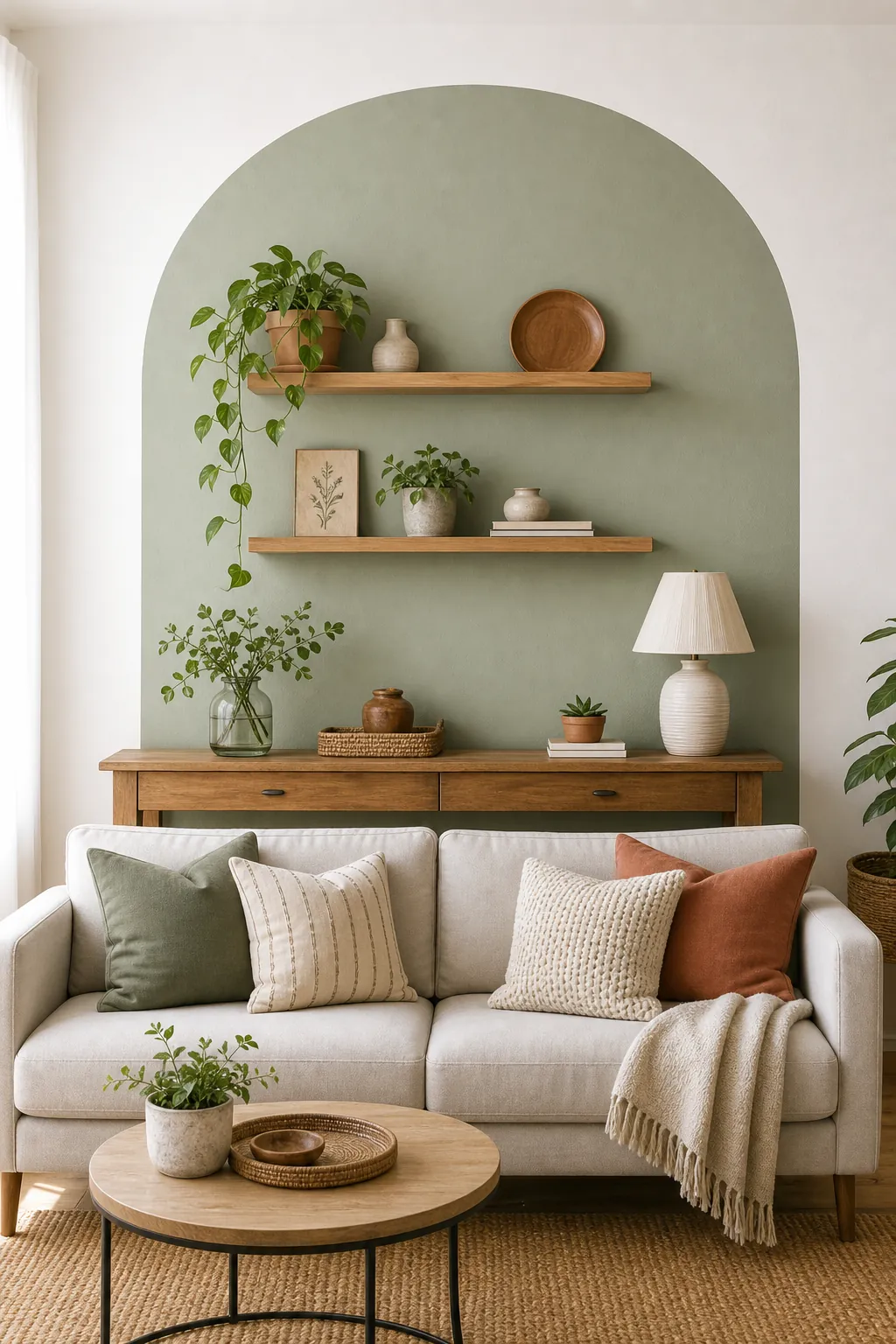 Removable wallpaper panels and a color arch filling a big white wall on a budget