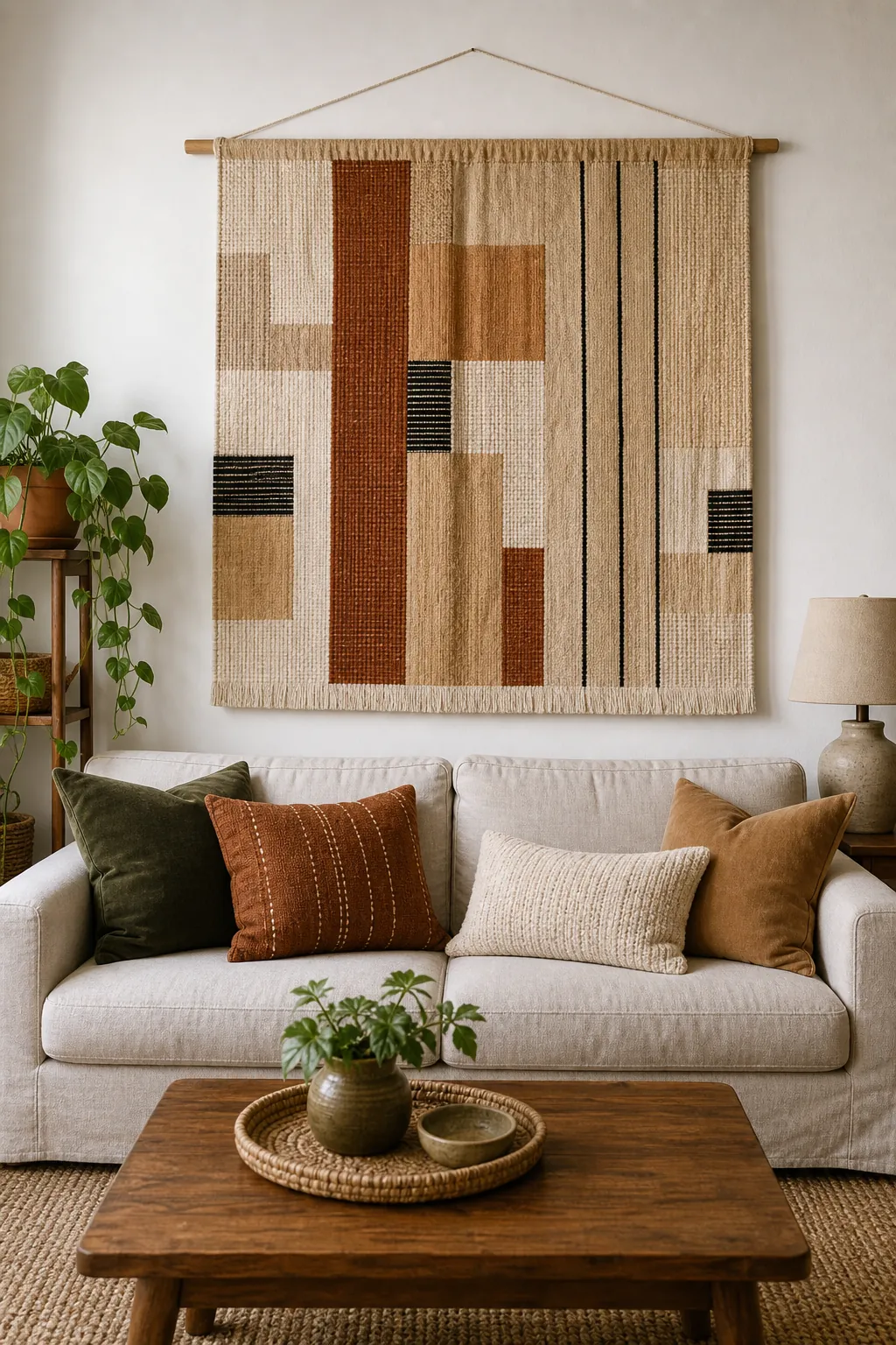 Woven textile wall hanging filling a big white wall above a sofa
