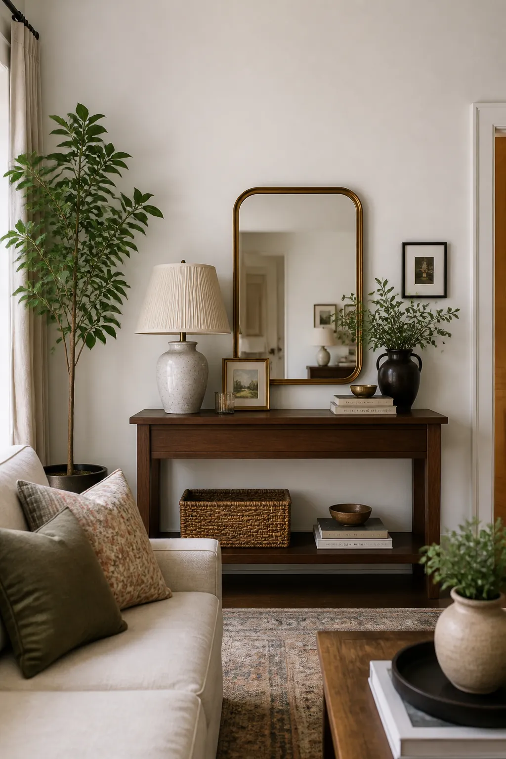 Console table mirror lamp and tall plant filling a big white wall without oversized art