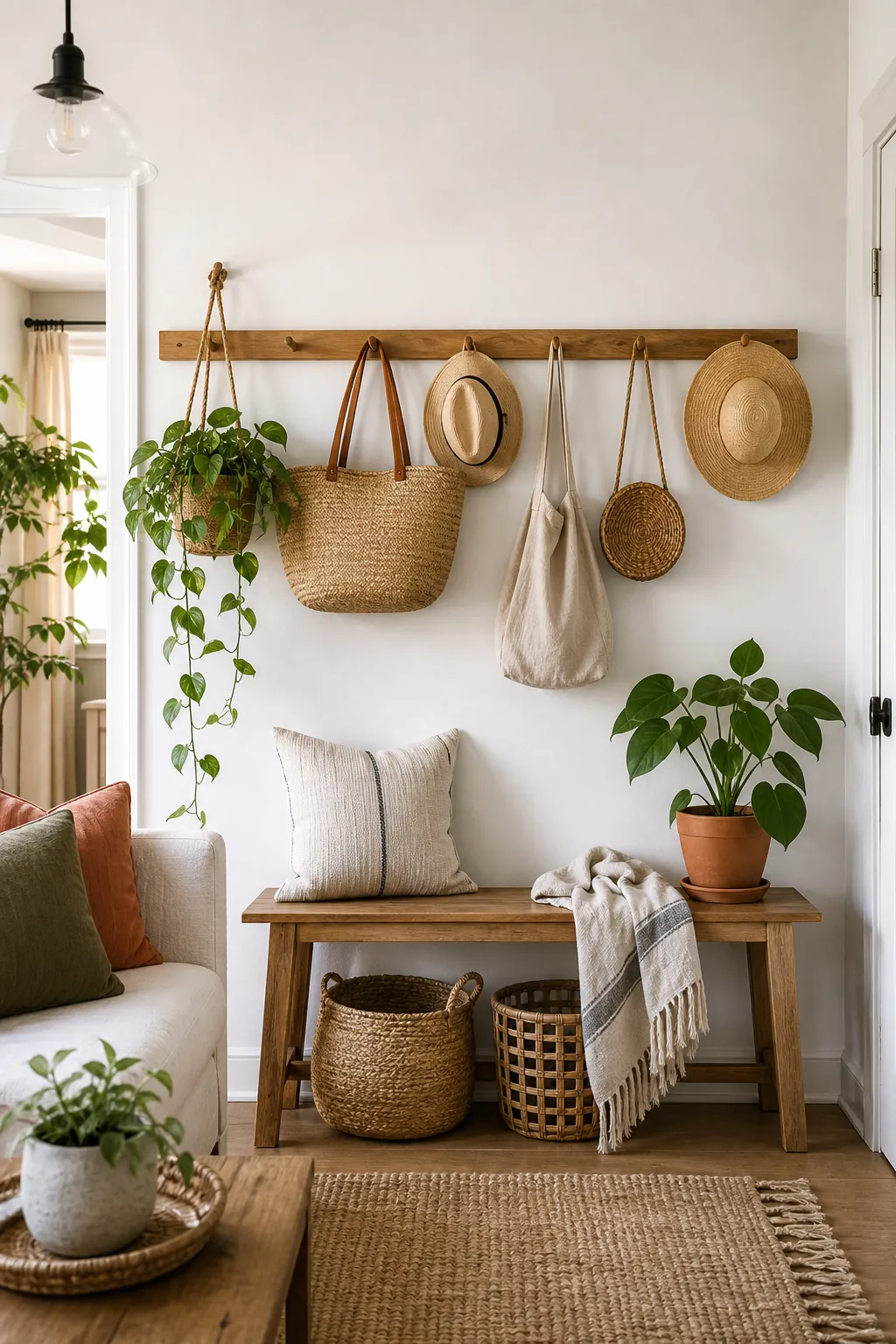 Peg rail with baskets hats and plants used as wall decor not pictures