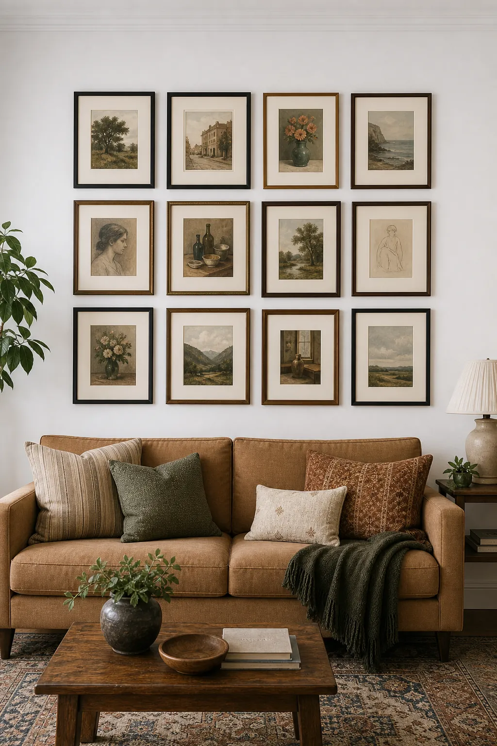 Thrifted frame grid filling a big white wall without one oversized art piece