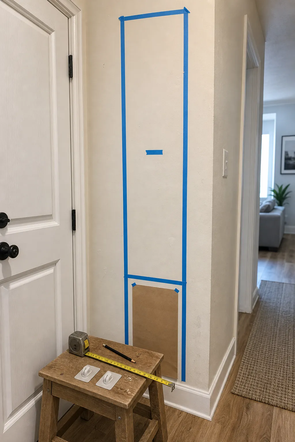 Painter tape marking a tall narrow wall decor footprint before hanging anything