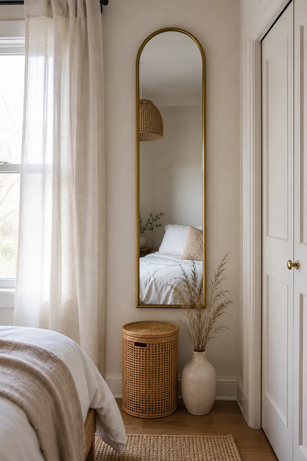 Tall brass arched mirror decorating a skinny bedroom wall beside a window