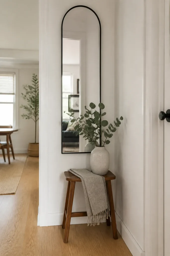 Tall narrow wall decor idea with an arched mirror and small stool in an awkward entry corner