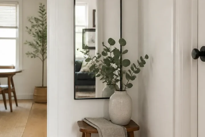 Tall narrow wall decor idea with an arched mirror and small stool in an awkward entry corner