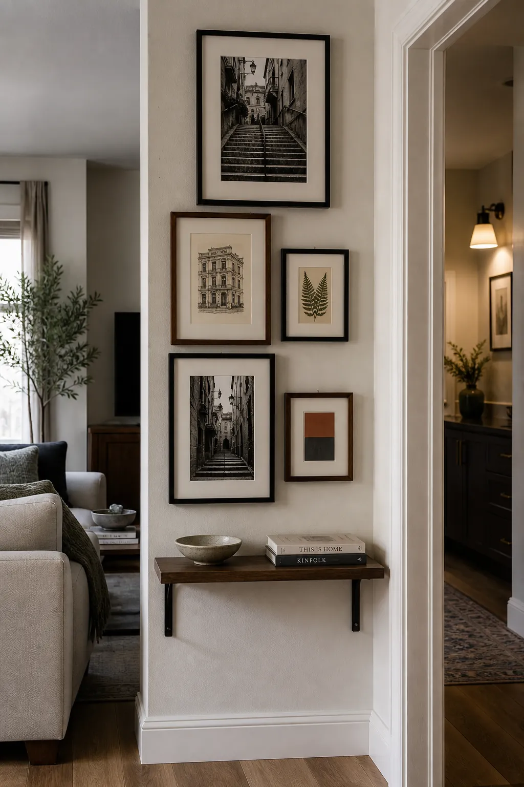Vertical gallery wall with architecture photos and botanical study on a skinny living room wall