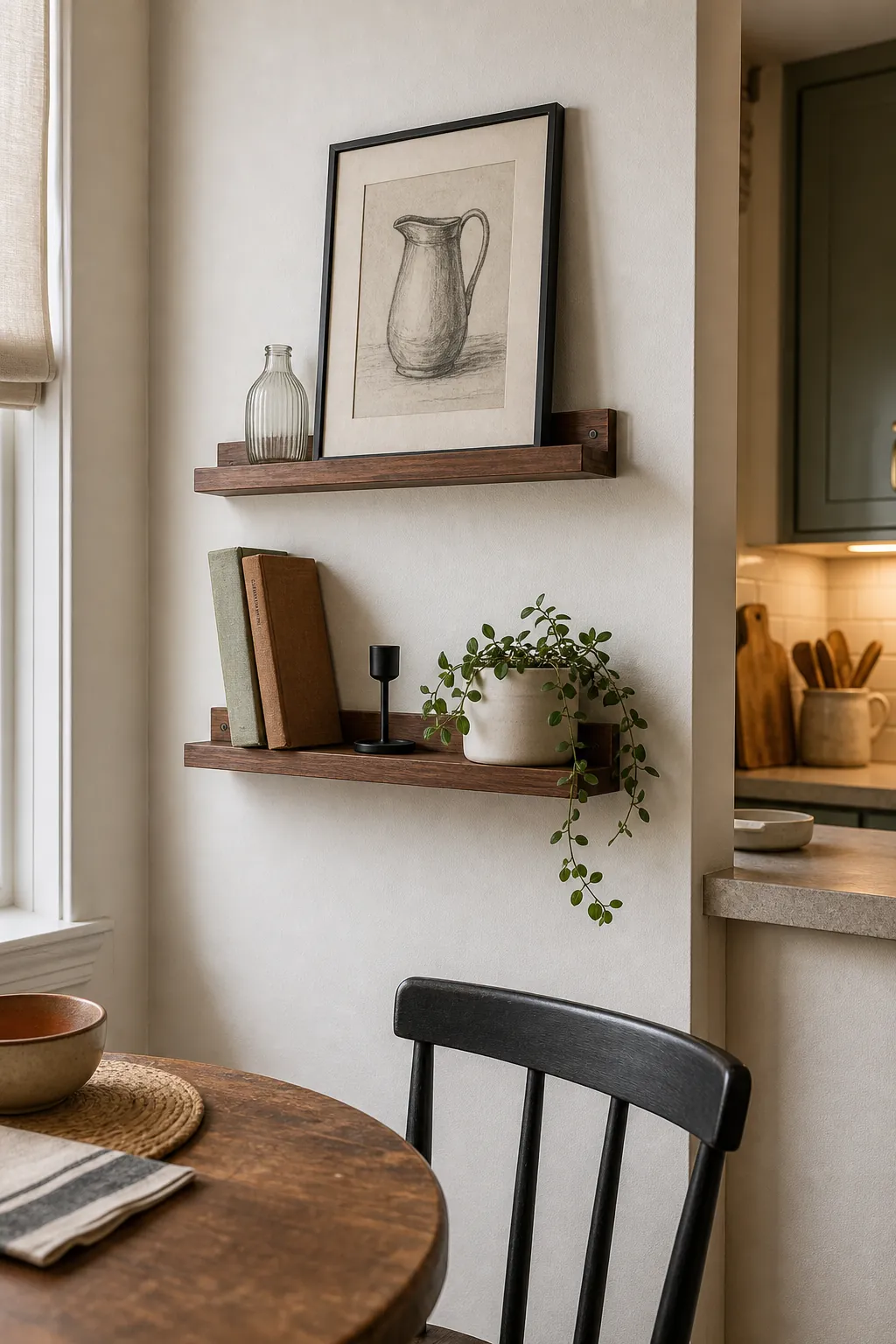 Shallow walnut picture ledges with a charcoal pitcher drawing on a narrow dining nook wall