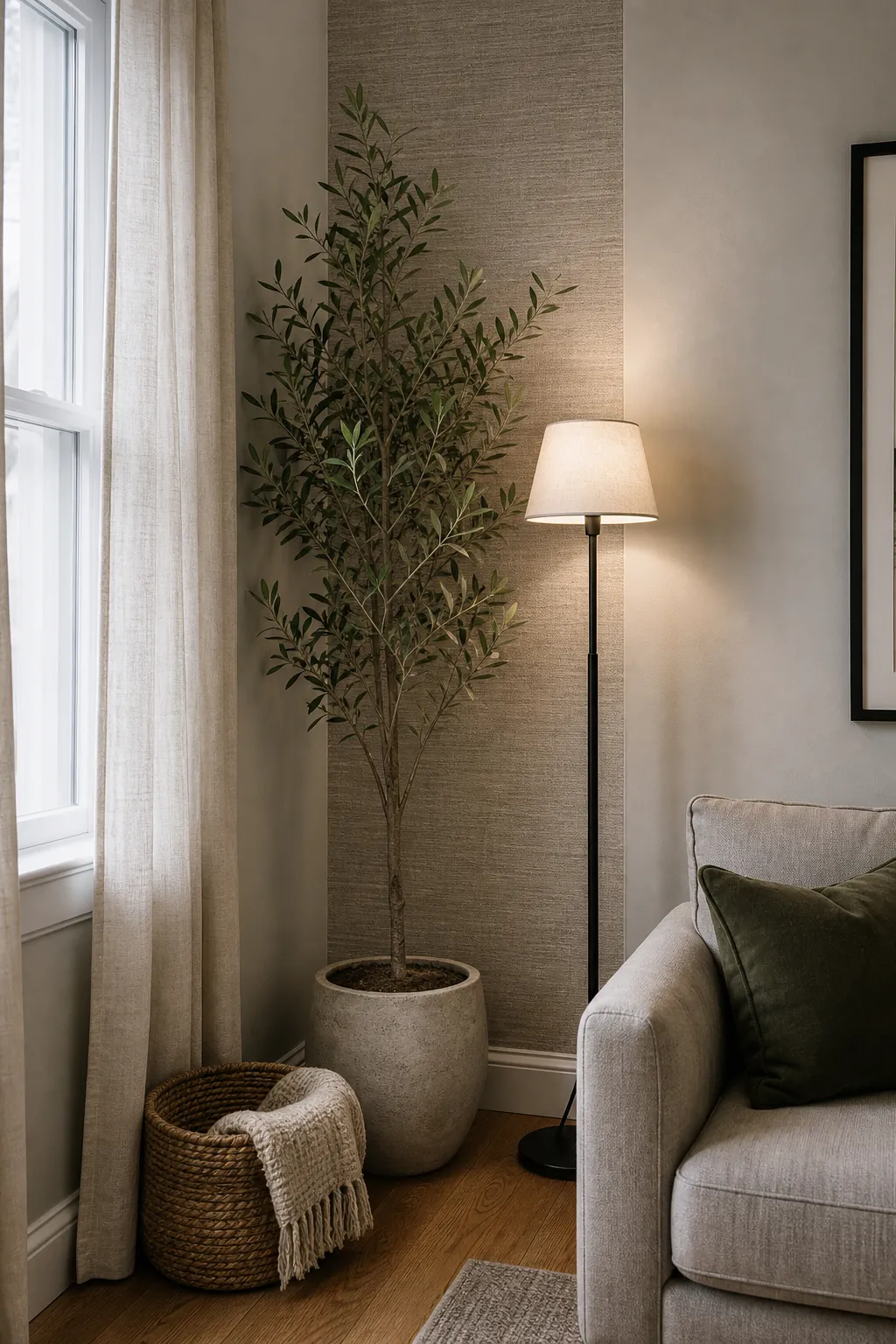 Tall olive tree and slim floor lamp adding height to a narrow apartment corner