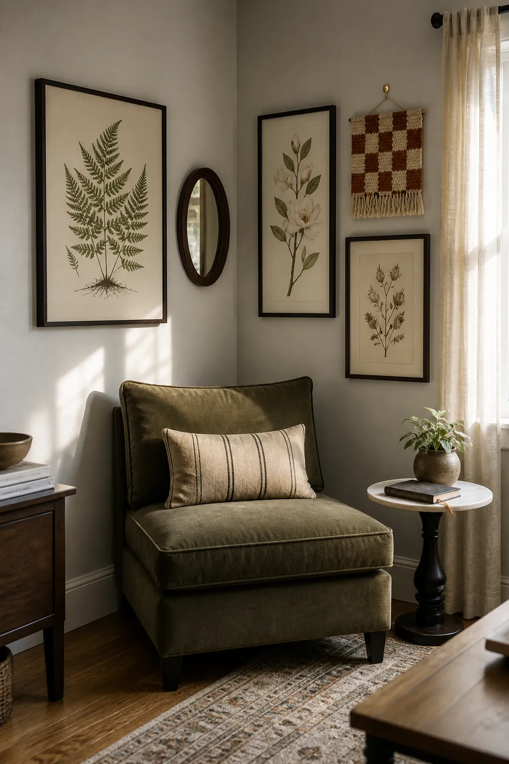Corner hang gallery with botanical prints, woven textile panel, and chair anchor