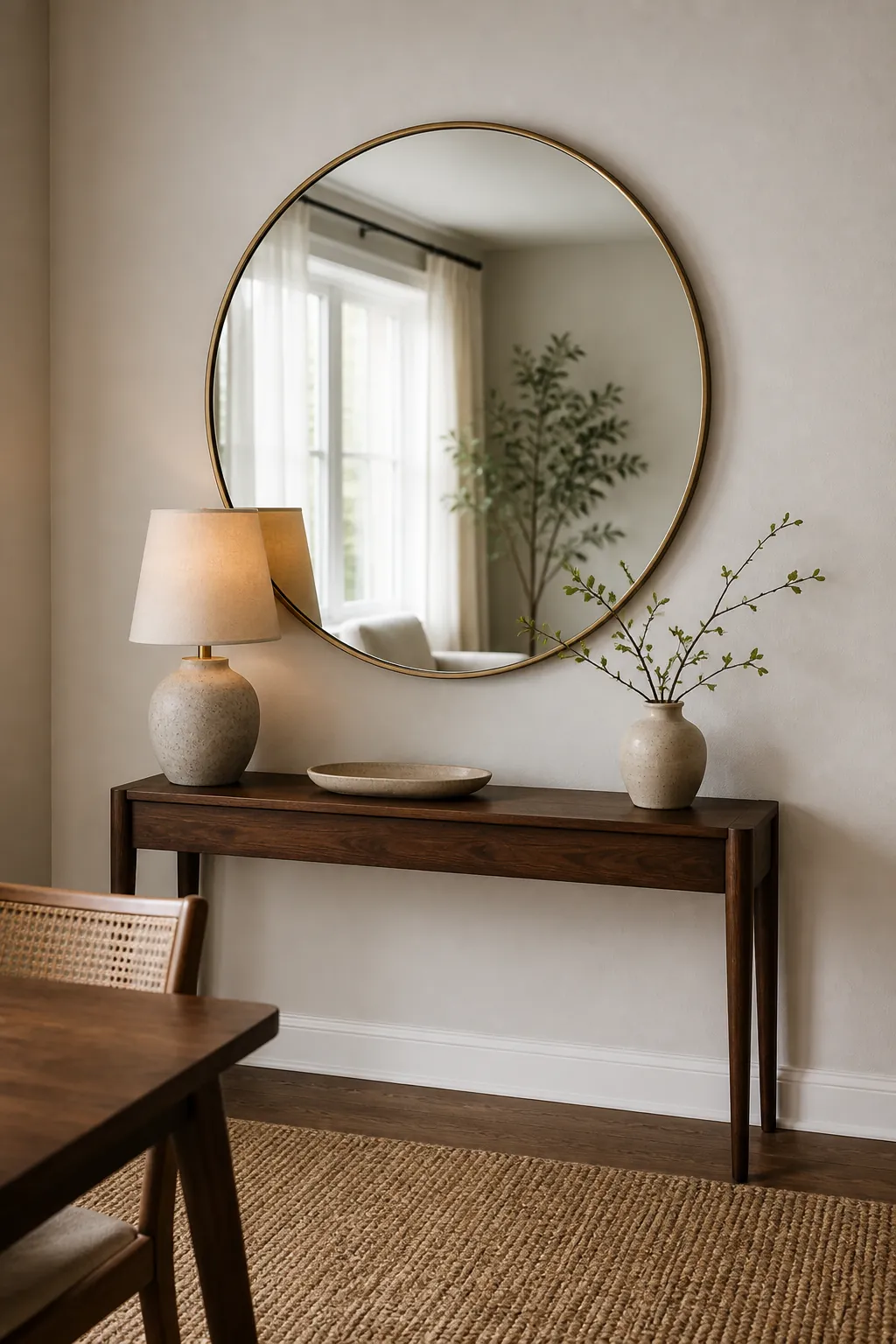 Large round brass mirror above a console reflecting window light