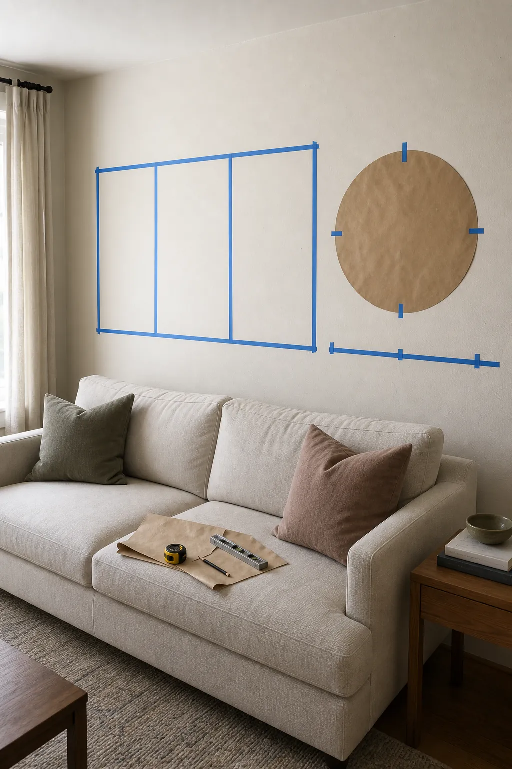 Painter tape planning large wall decor options above a sofa