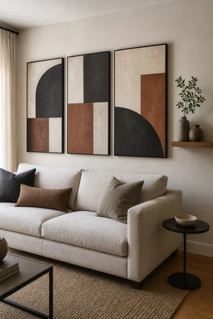 Large living room wall decorated with three abstract panels and a slim shelf