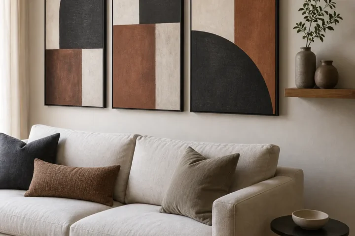 Large living room wall decorated with three abstract panels and a slim shelf