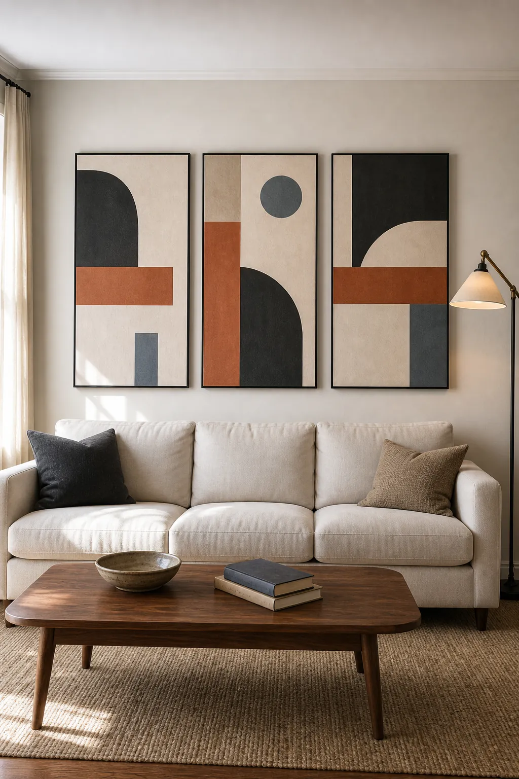Three panel geometric abstract wall art scaled above a living room sofa