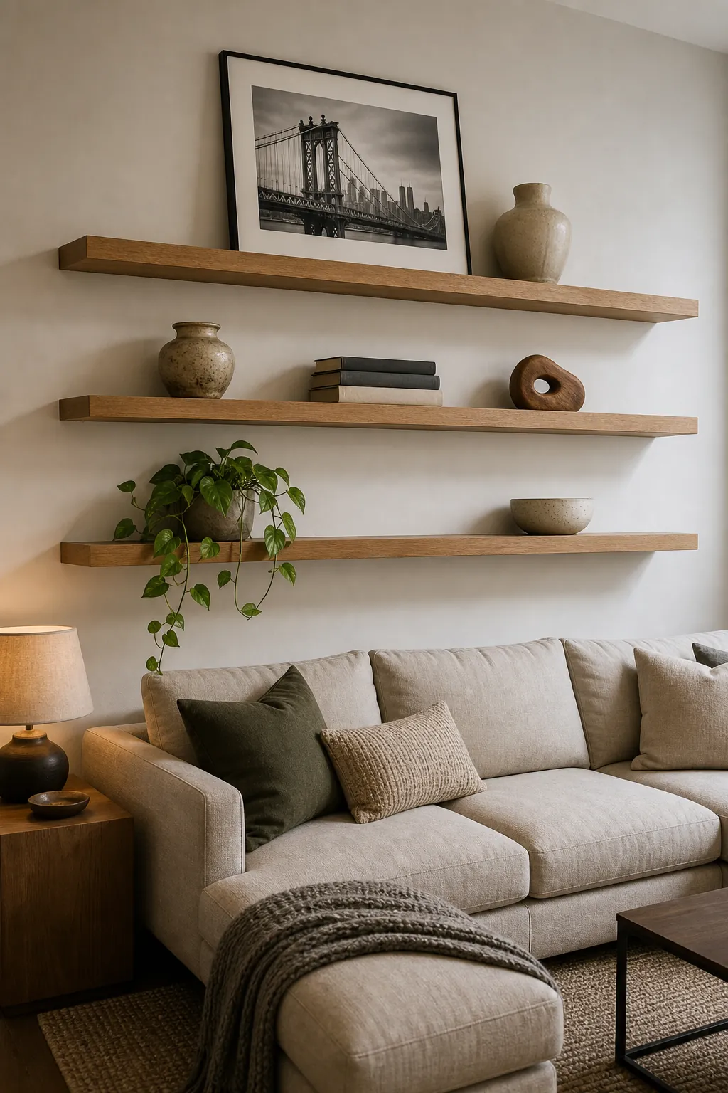 Long oak floating shelves with edited decor on a large living room wall