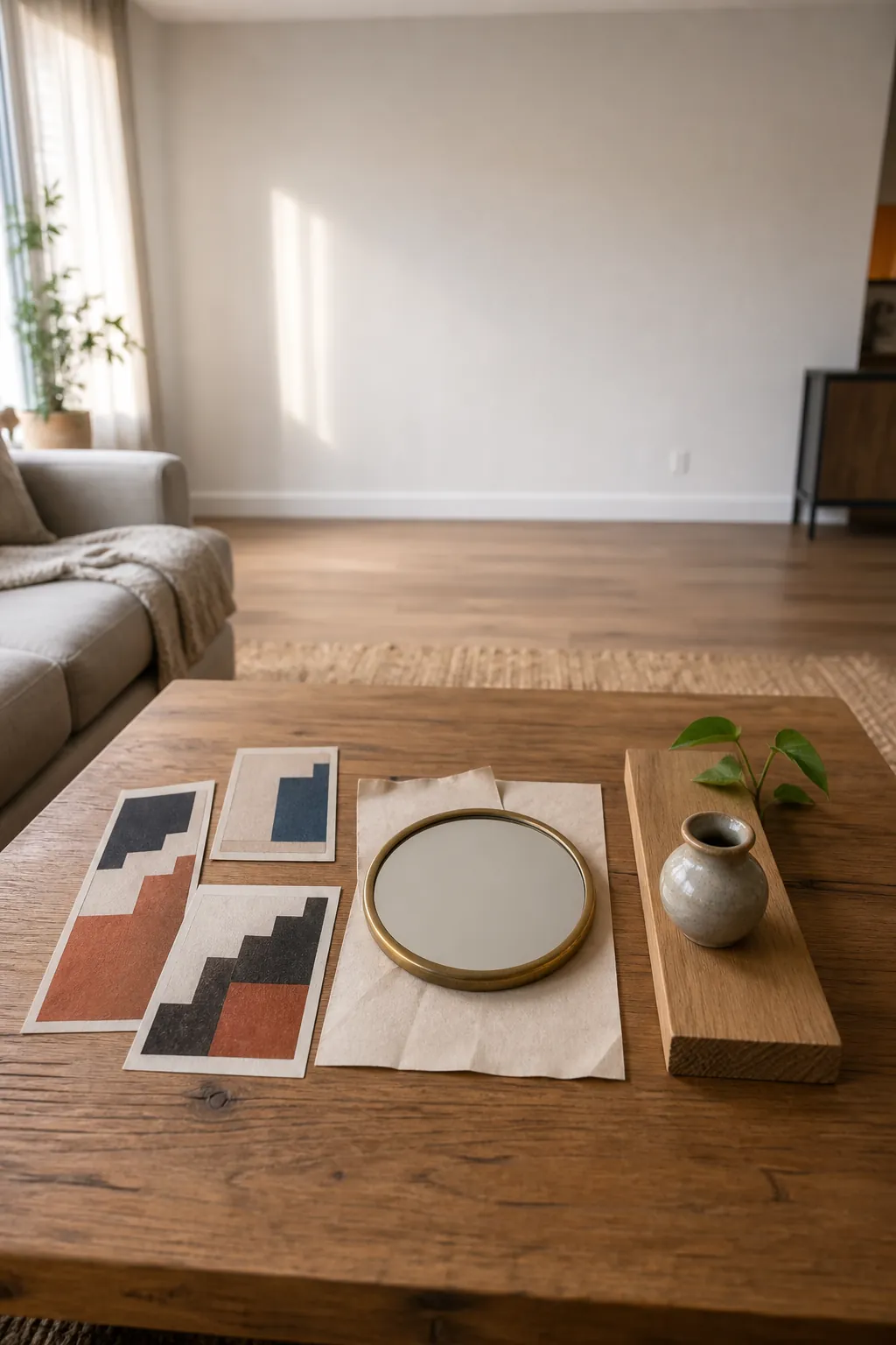 Coffee table samples comparing triptych art, mirror, and shelf ideas for a large wall