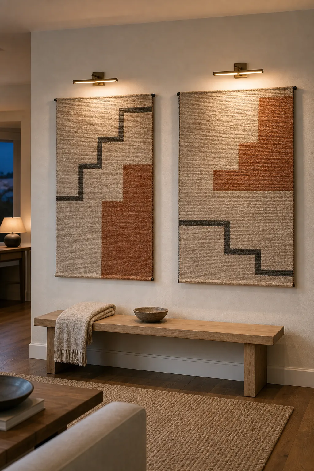 Two woven geometric textile panels with picture lights on a large wall